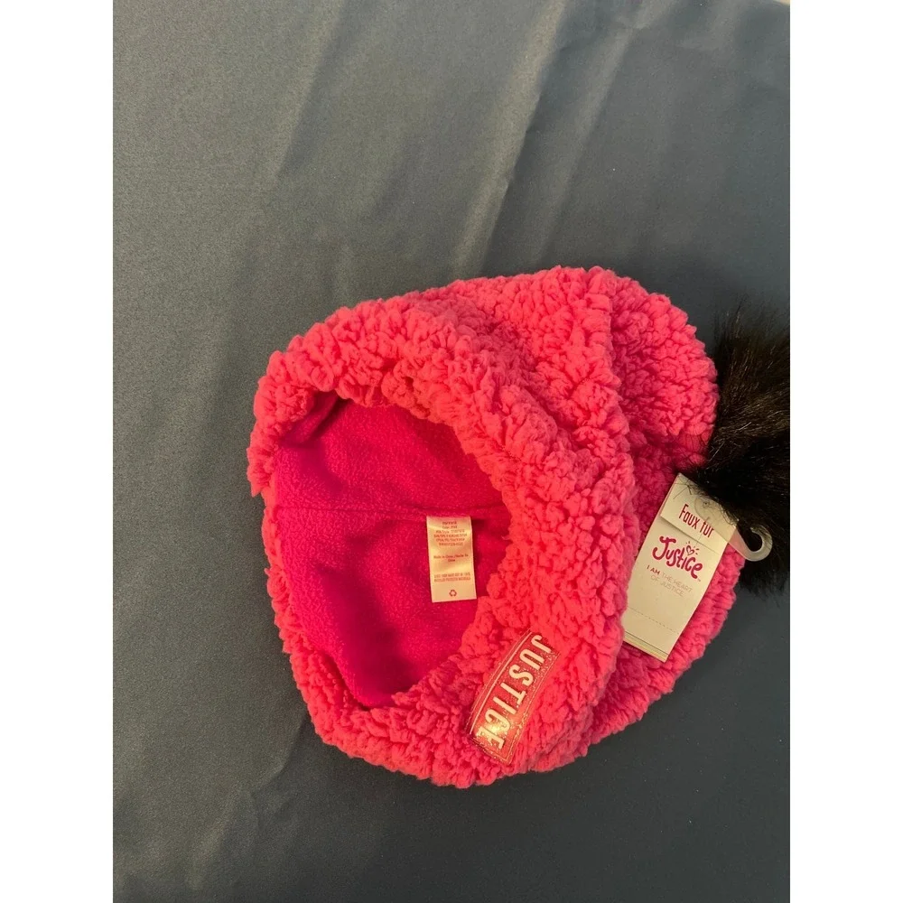 Justice Girls Hot Pink Sherpa Beanie Hat Black Faux Fur Pom Pom One‎ Size NEW